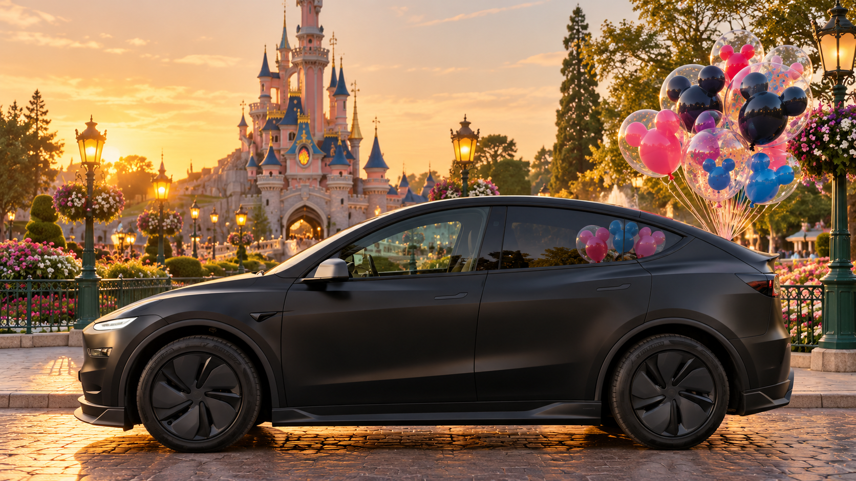 Illustration de la Tesla FNK devant un château féerique avec de nombreux ballons colorés